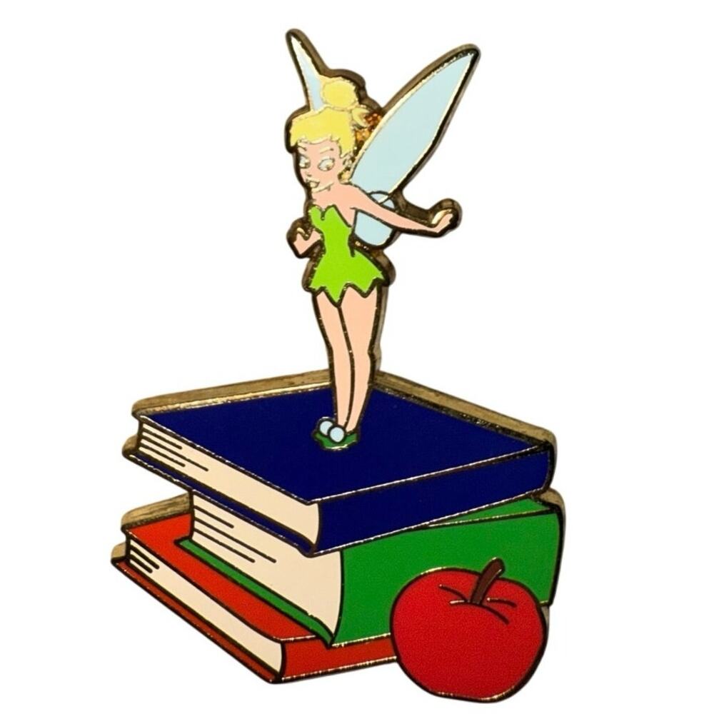 DISNEY PETER PAN TINKER BELL STANDING ON BOOKS PIN LIBRARIAN BACK 2 SCHOOL APPLE